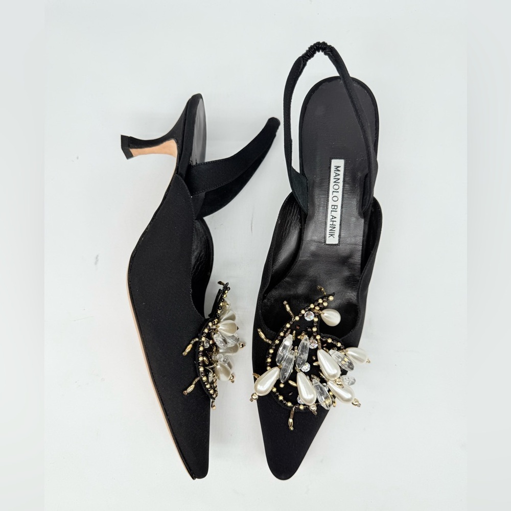 Manolo Blahnik Black Crepe Orientalia 50mm pearl embellished Slingback pump EU41